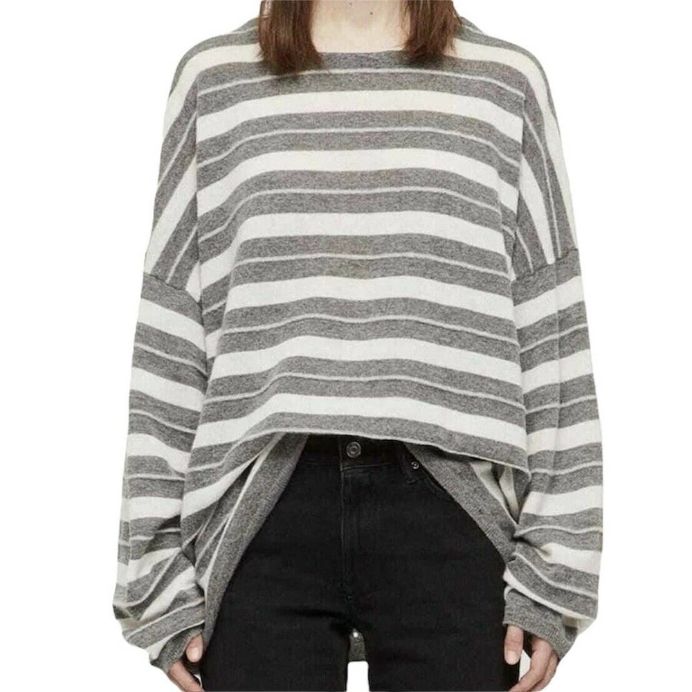 All saints Womens Cassia Jumper Gray White Stripe Boat Neck Wool Sweater…